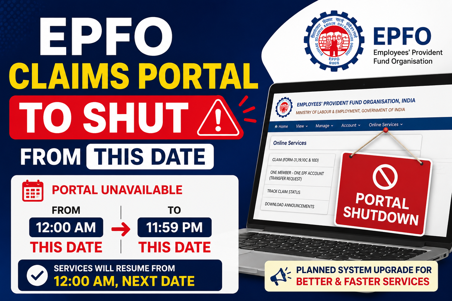 EPFO Announces Temporary Shutdown of Online Claim Processing Portal for System Upgrade