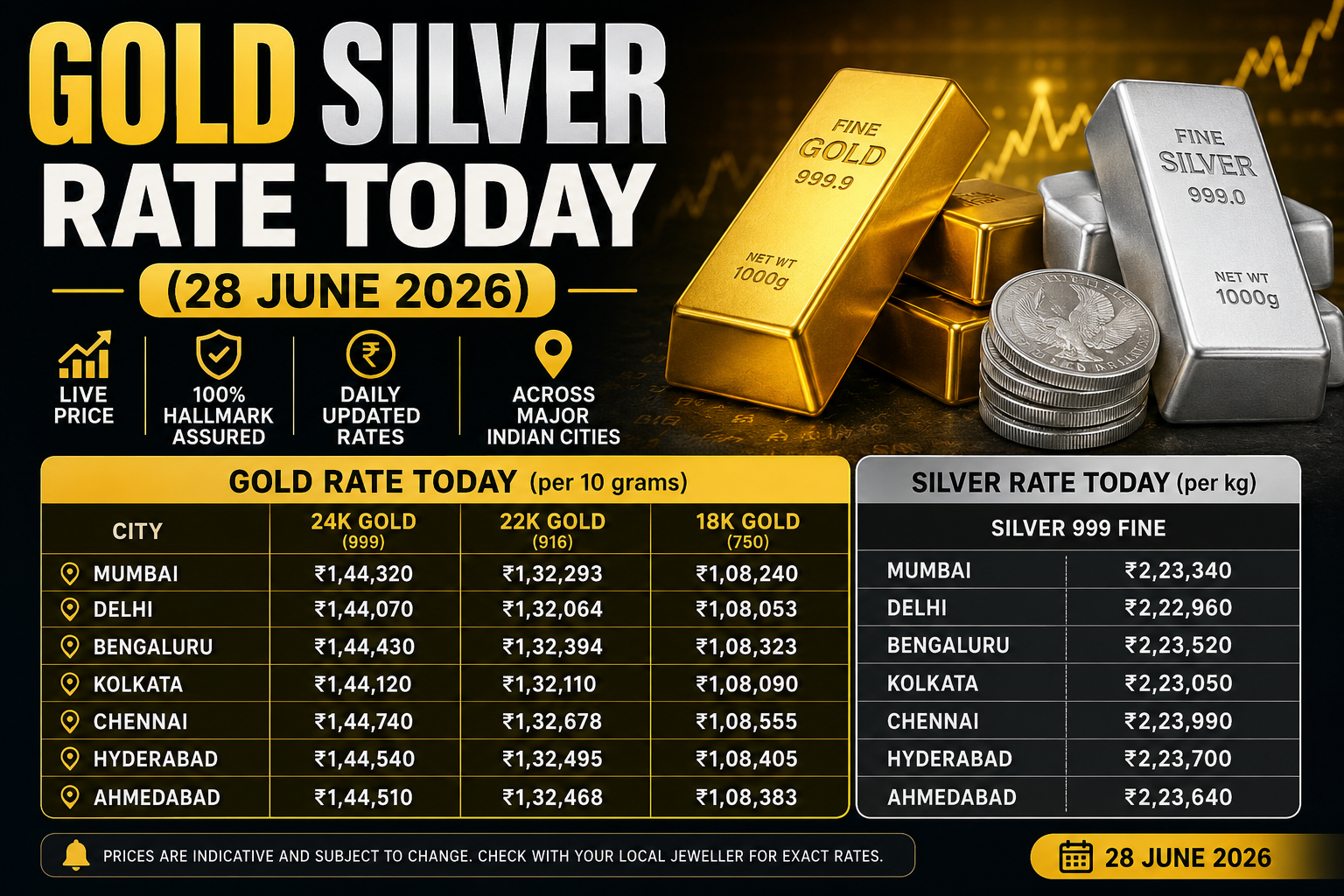 Gold Silver Rate Today (28 June 2026): Check Live 22K, 24K, 18K Gold & Silver Prices in Mumbai, Delhi and Other Cities.