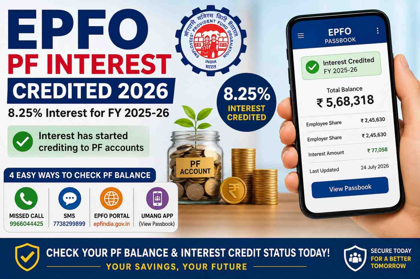 EPFO PF Interest Credited 2026: Check Your PF Balance Instantly via Missed Call, SMS, UMANG & EPFO Portal