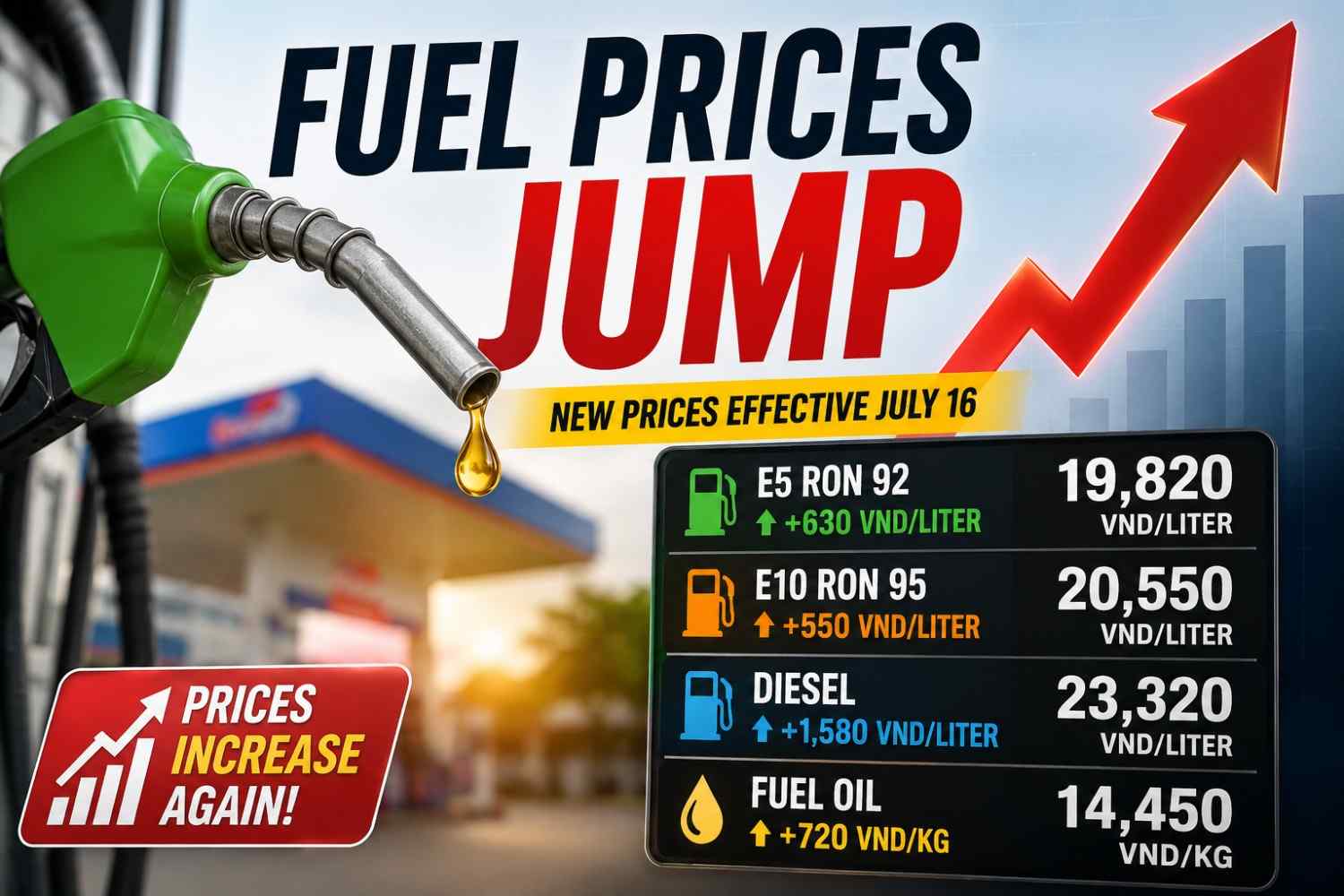 Fuel Prices Jump: Some Gasoline Types Rise by More Than 1,500 VND per Liter