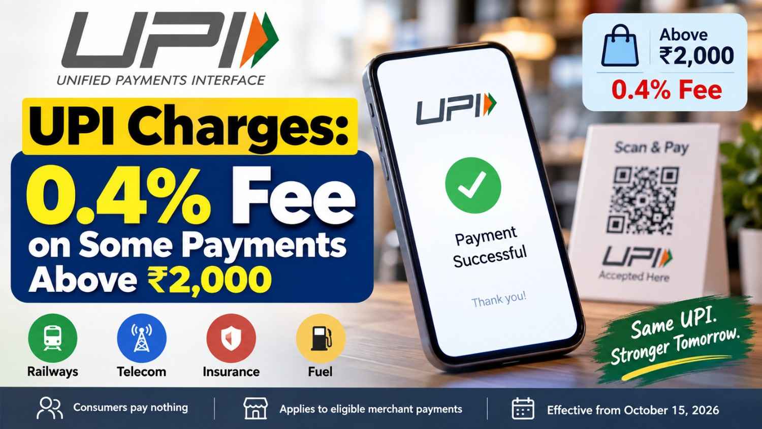 UPI Charges: 0.4% Fee on Some Payments Above ₹2,000, Consumers Pay Nothing